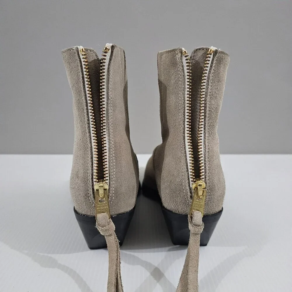 All Saints Lenora Goring Ankle Boot Women 7 Taupe Gray Suede Zip Up Low Heel NEW